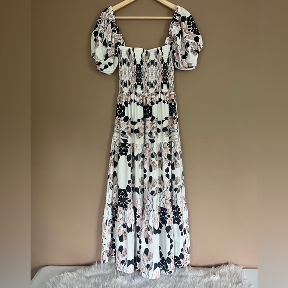 {Sunday Up} Smocked Off The Shoulder Puff Sleeve Floral Midi Dress - Size Small - Picture 2 of 9